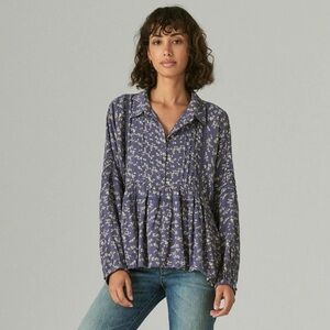 Lucky Brand Muted Blue Floral Long Sleeve Boho Blouse Top